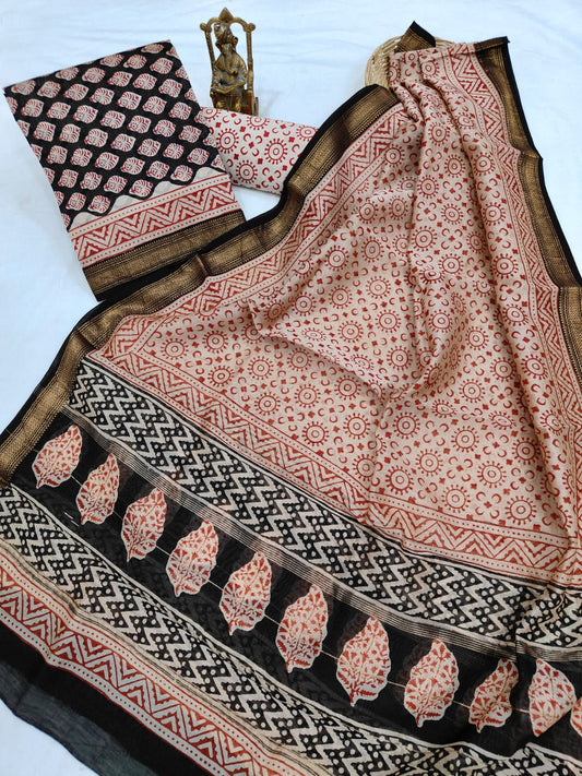 Hand block printed Maheshwari Silk zari border  border silk  Suits  Set with Duppatta