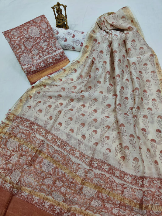 Hand block printed Maheshwari Silk zari border  border silk  Suits  Set with Duppatta
