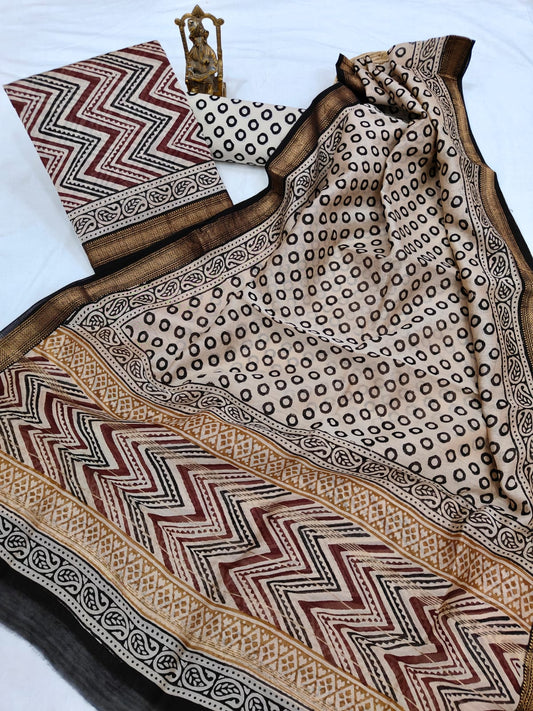 Hand block printed Maheshwari Silk zari border  border silk  Suits  Set with Duppatta