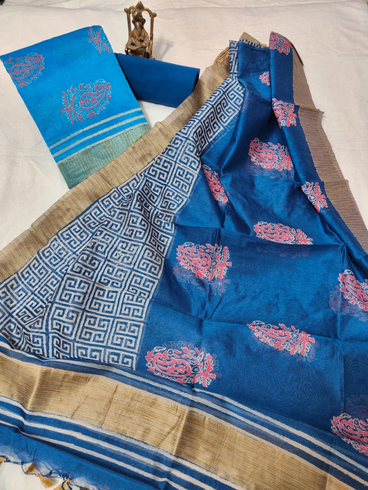 Hand block printed Maheshwari Silk zari border  border silk  Suits  Set with Duppatta
