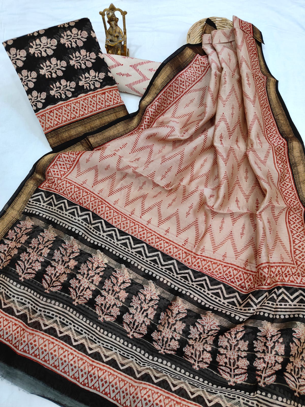 Hand block printed Maheshwari Silk zari border  border silk  Suits  Set with Duppatta