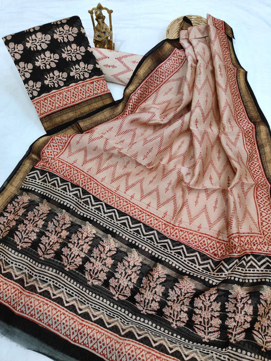 Hand block printed Maheshwari Silk zari border  border silk  Suits  Set with Duppatta