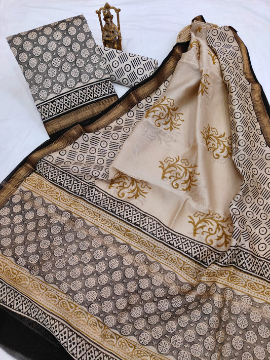 Hand block printed Maheshwari Silk zari border  border silk  Suits  Set with Duppatta