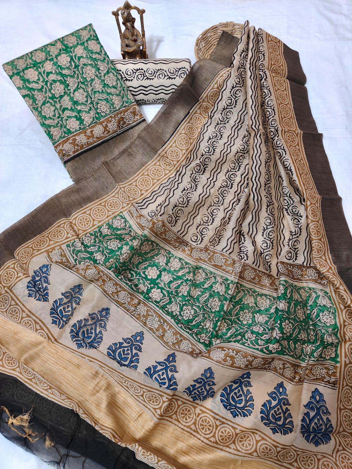 Hand block printed Maheshwari Silk zari border  border silk  Suits  Set with Duppatta