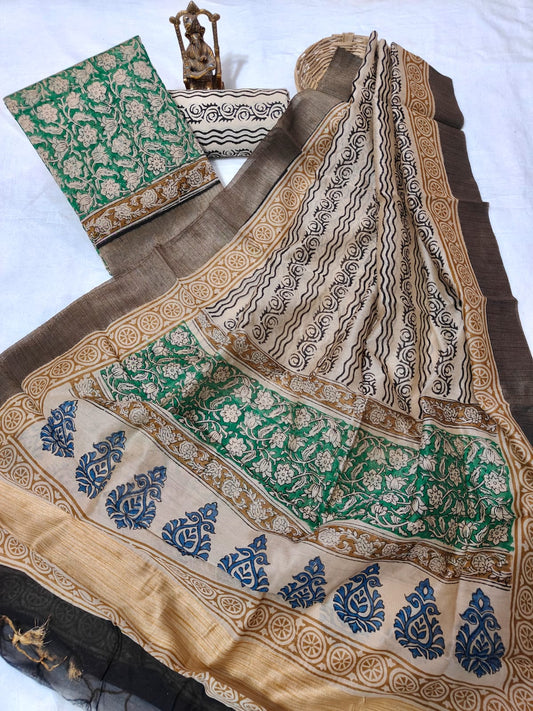 Hand block printed Maheshwari Silk zari border  border silk  Suits  Set with Duppatta