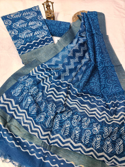 Hand block printed Maheshwari Silk zari border  border silk  Suits  Set with Duppatta