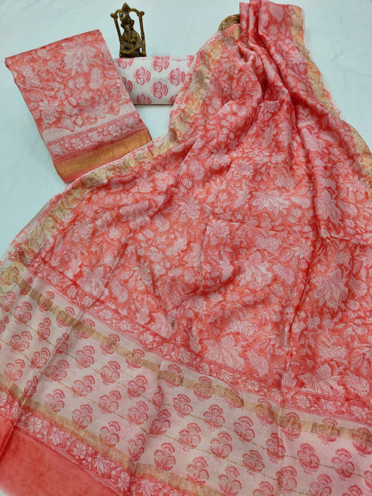 Hand block printed Maheshwari Silk zari border  border silk  Suits  Set with Duppatta