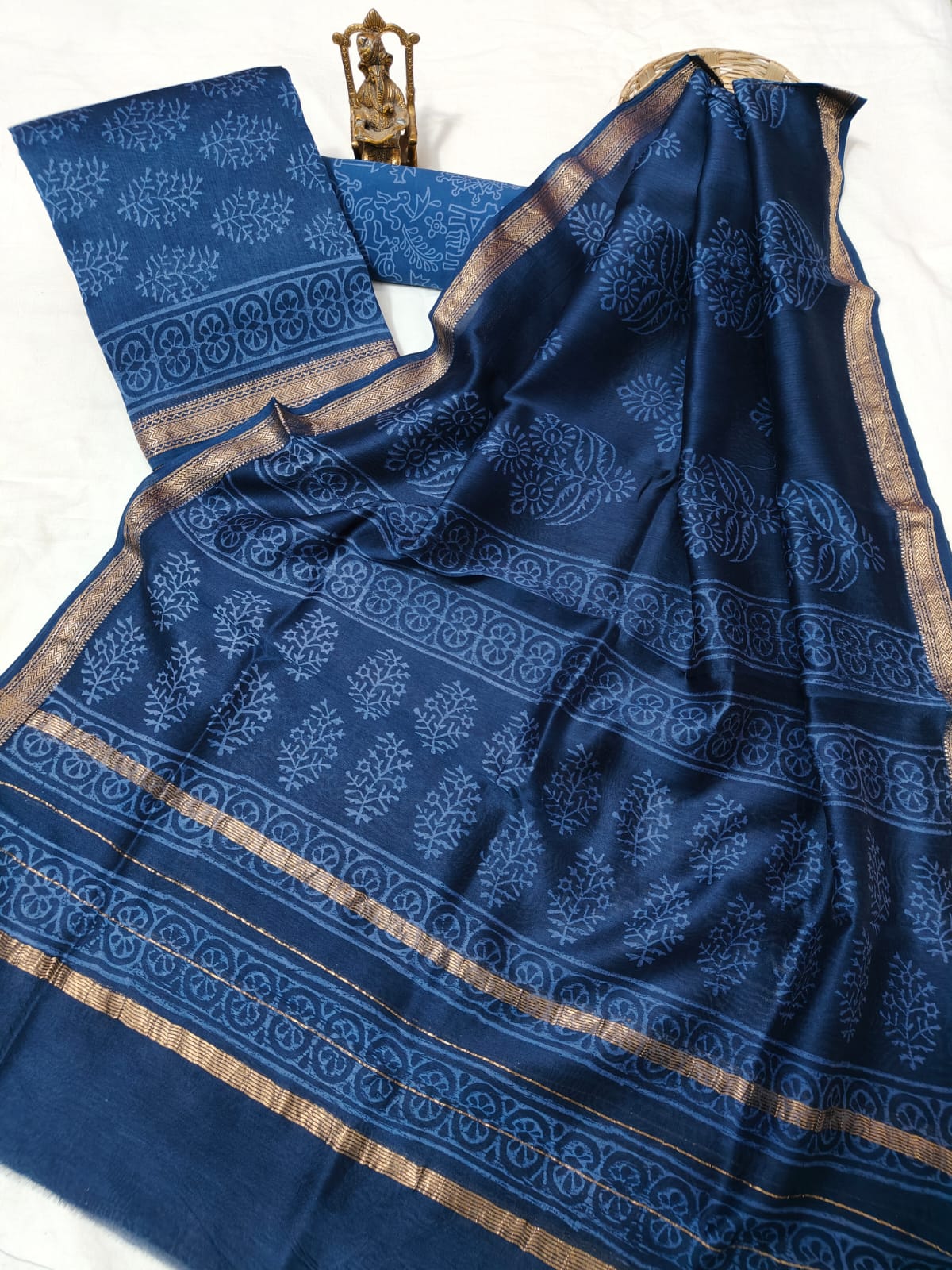 Hand block printed Maheshwari Silk zari border  border silk  Suits  Set with Duppatta
