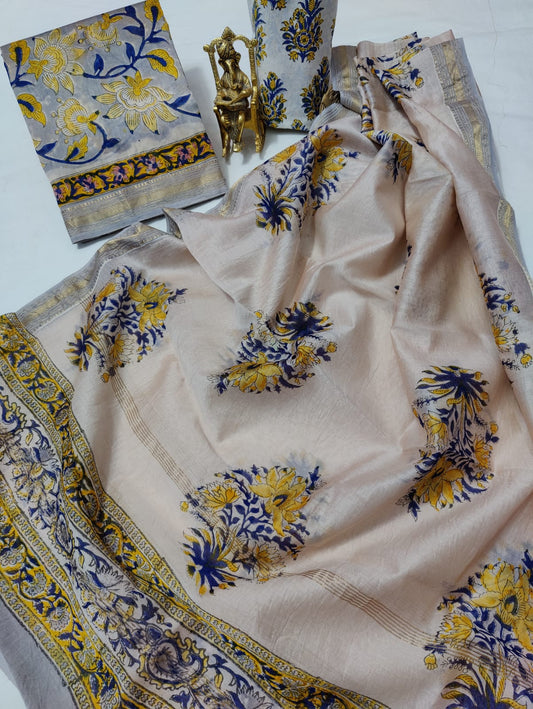 Hand block printed Maheshwari Silk zari border  border silk  Suits  Set with Duppatta