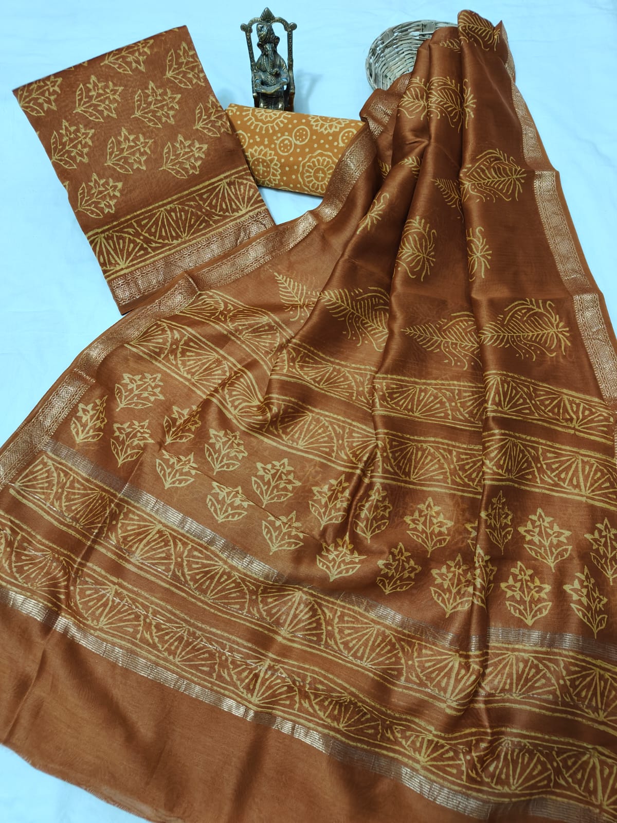 Hand block printed Maheshwari Silk zari border  border silk  Suits  Set with Duppatta