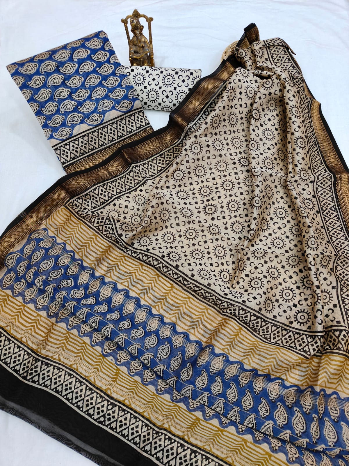 Hand block printed Maheshwari Silk zari border  border silk  Suits  Set with Duppatta