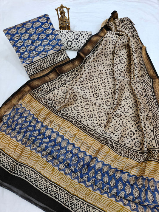 Hand block printed Maheshwari Silk zari border  border silk  Suits  Set with Duppatta