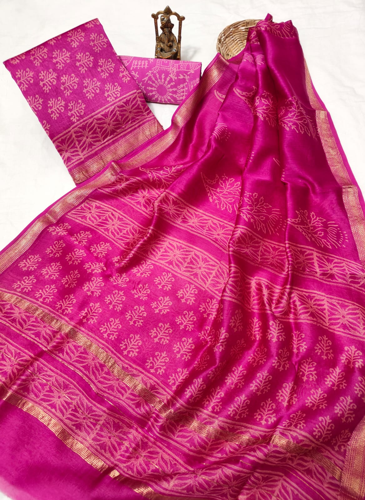 Hand block printed Maheshwari Silk zari border  border silk  Suits  Set with Duppatta