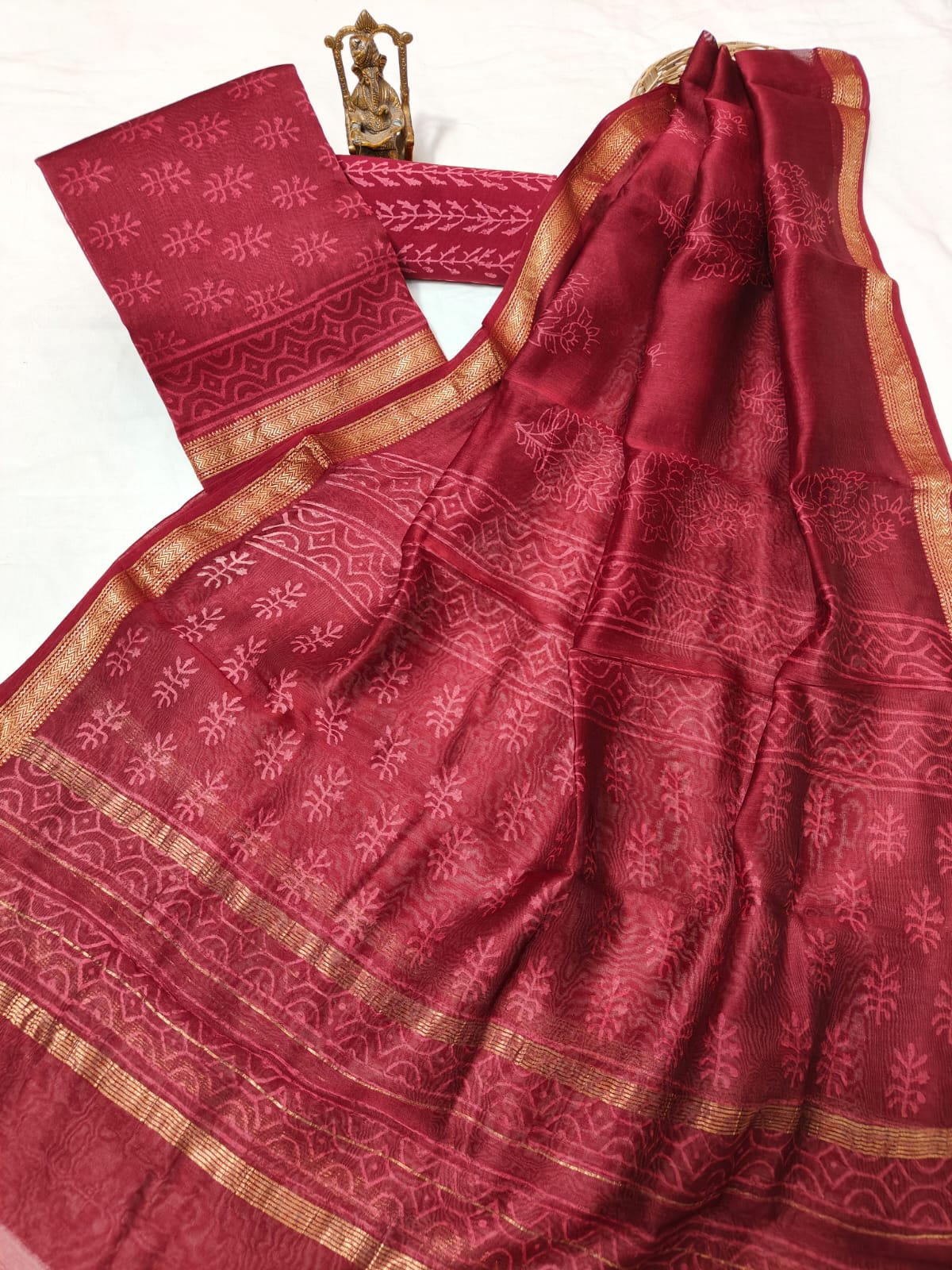 Hand block printed Maheshwari Silk zari border  border silk  Suits  Set with Duppatta