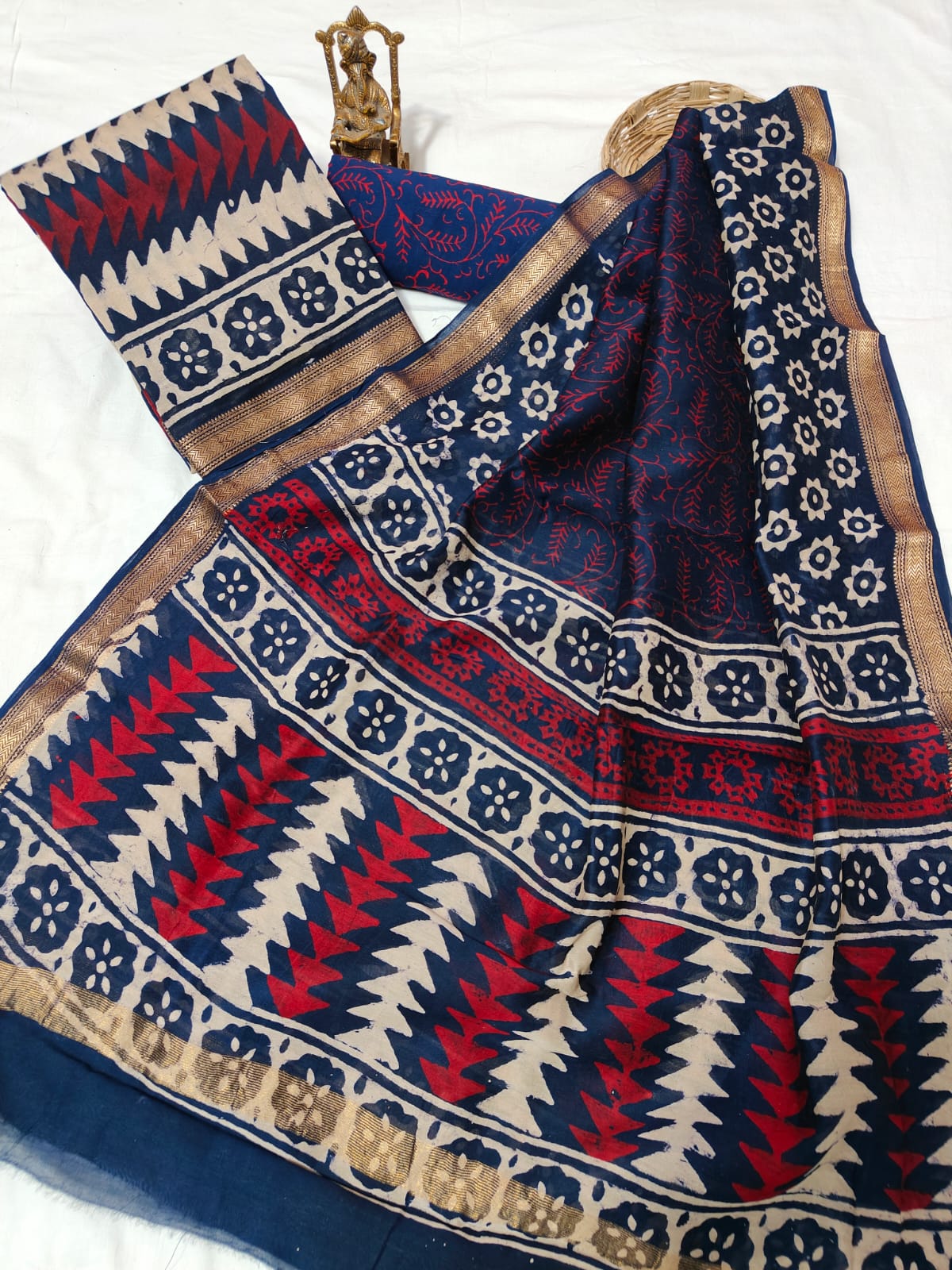 Hand block printed Maheshwari Silk zari border  border silk  Suits  Set with Duppatta