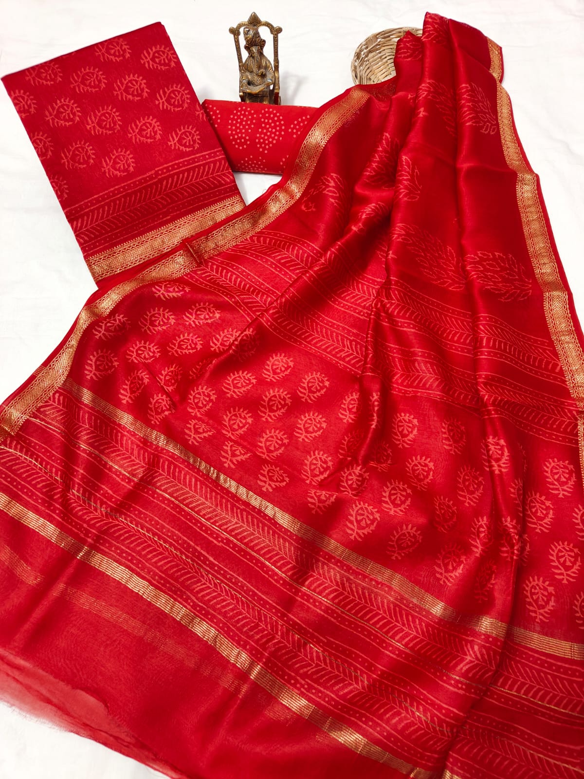 Hand block printed Maheshwari Silk zari border border silk  Suits  Set with Duppatta