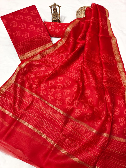 Hand block printed Maheshwari Silk zari border border silk  Suits  Set with Duppatta