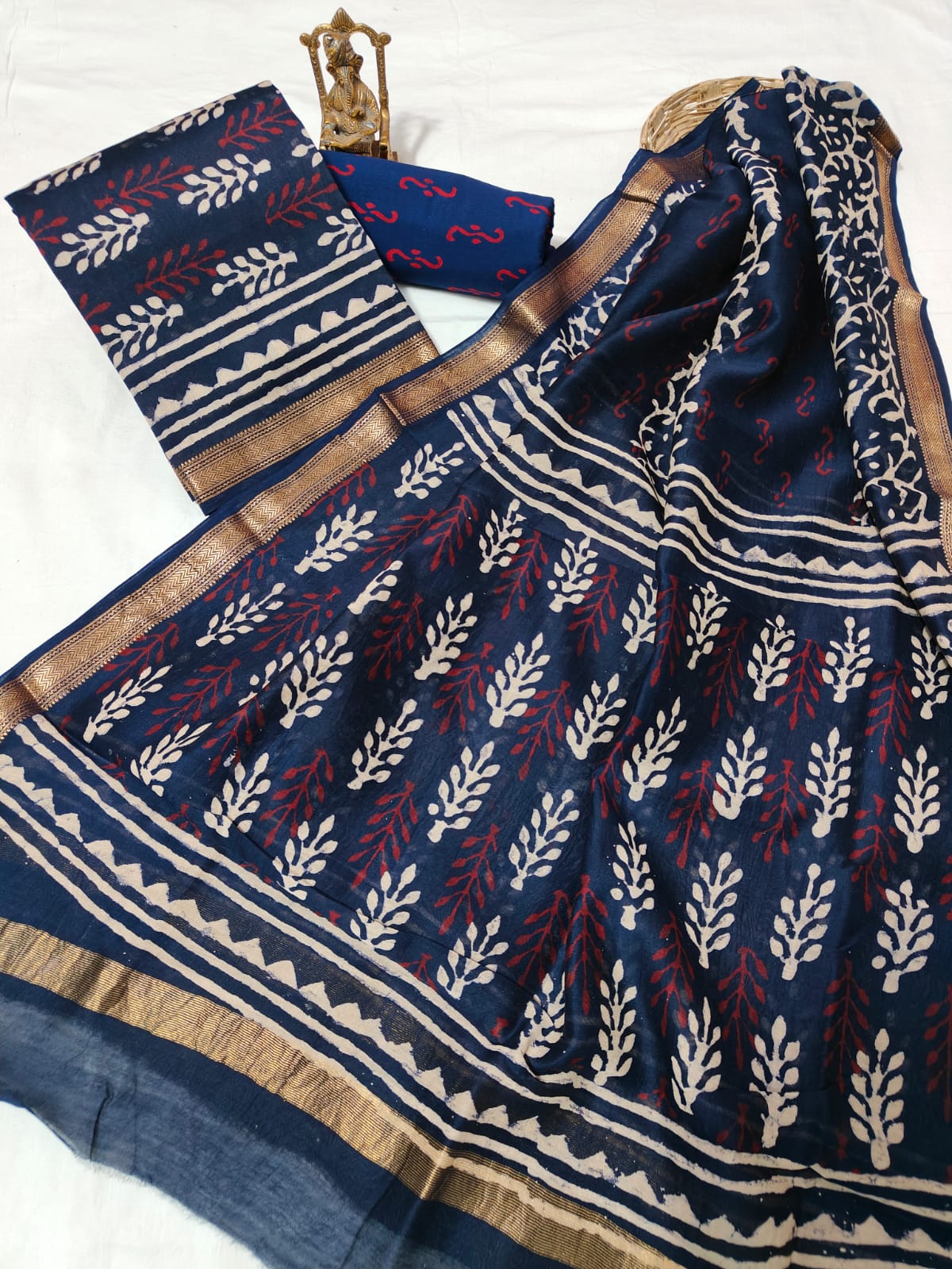 Hand block printed Maheshwari Silk zari border border silk  Suits  Set with Duppatta