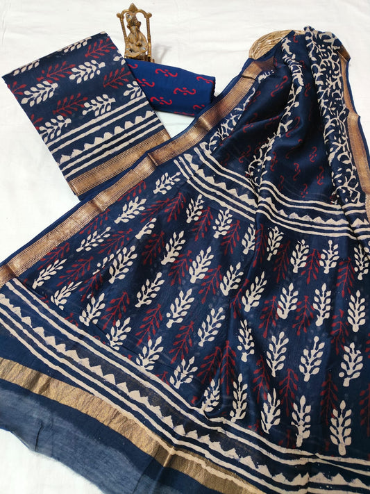 Hand block printed Maheshwari Silk zari border border silk  Suits  Set with Duppatta