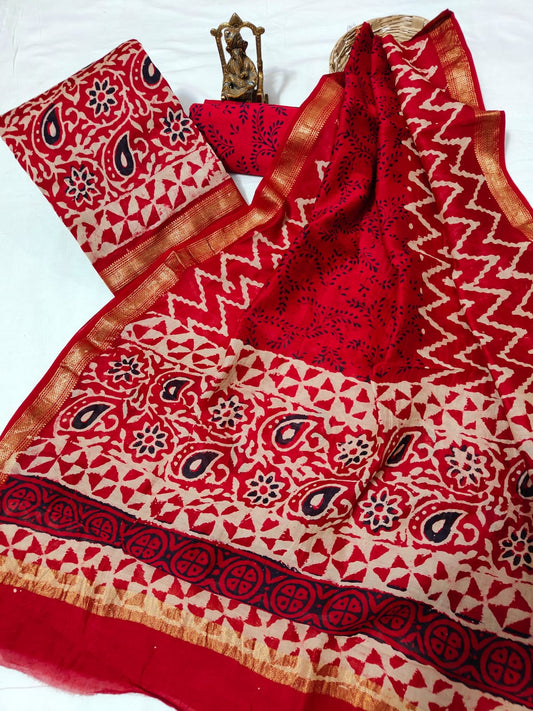 Hand block printed Maheshwari Silk zari border border silk  Suits  Set with Duppatta