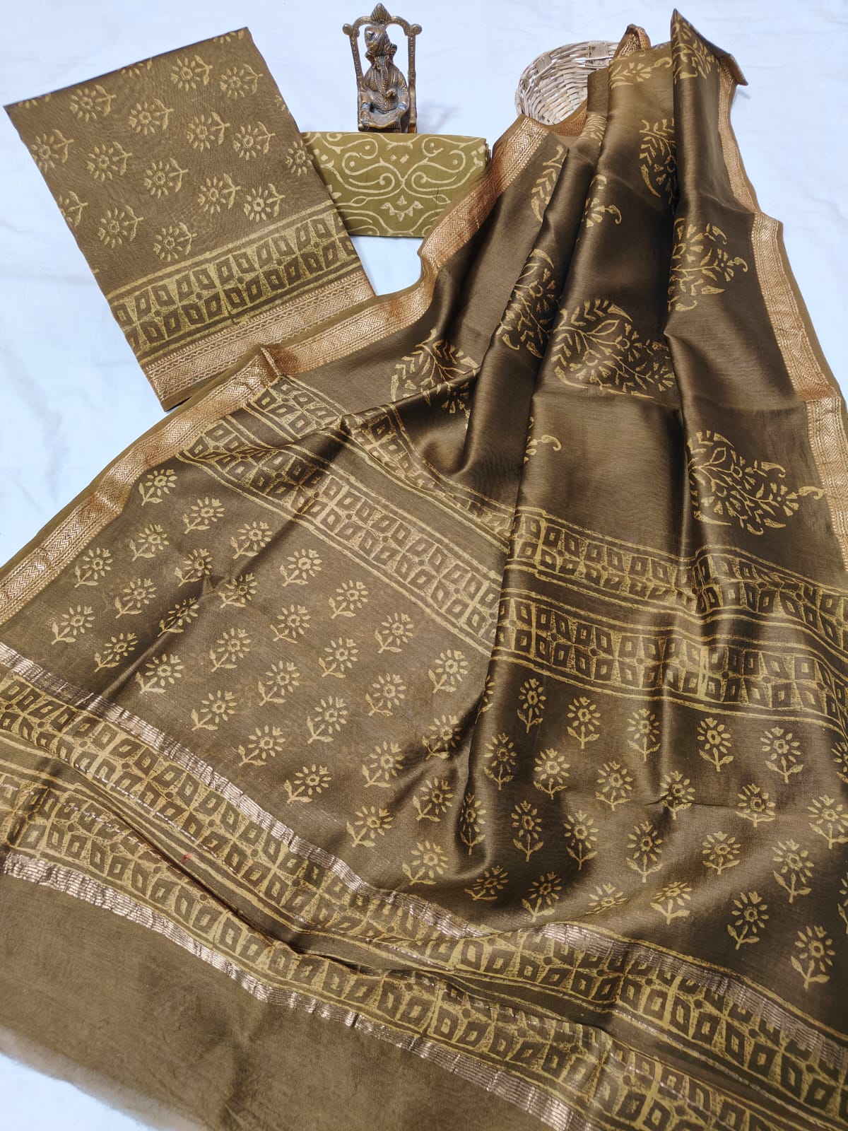 Hand block printed Maheshwari Silk zari border border silk  Suits  Set with Duppatta