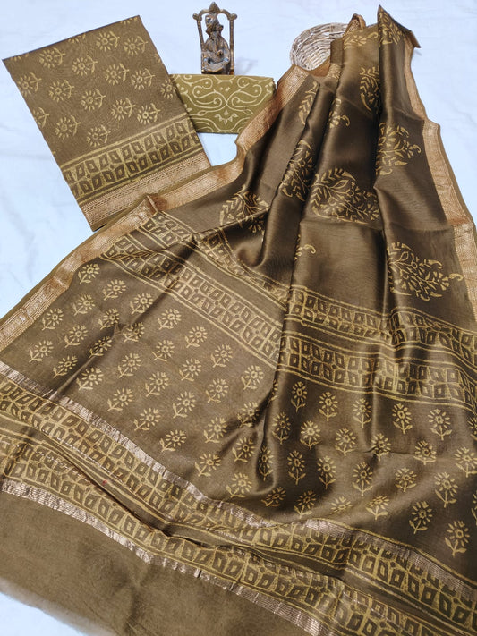 Hand block printed Maheshwari Silk zari border border silk  Suits  Set with Duppatta