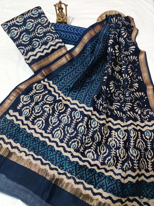 Hand block printed Maheshwari Silk zari border border silk  Suits  Set with Duppatta