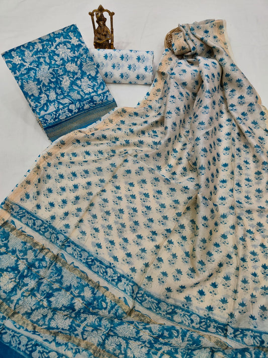 Hand block printed Maheshwari Silk zari border  border silk  Suits  Set with Duppatta
