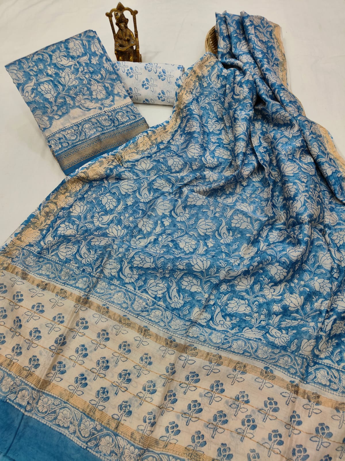 Hand block printed Maheshwari Silk zari border border silk  Suits  Set with Duppatta