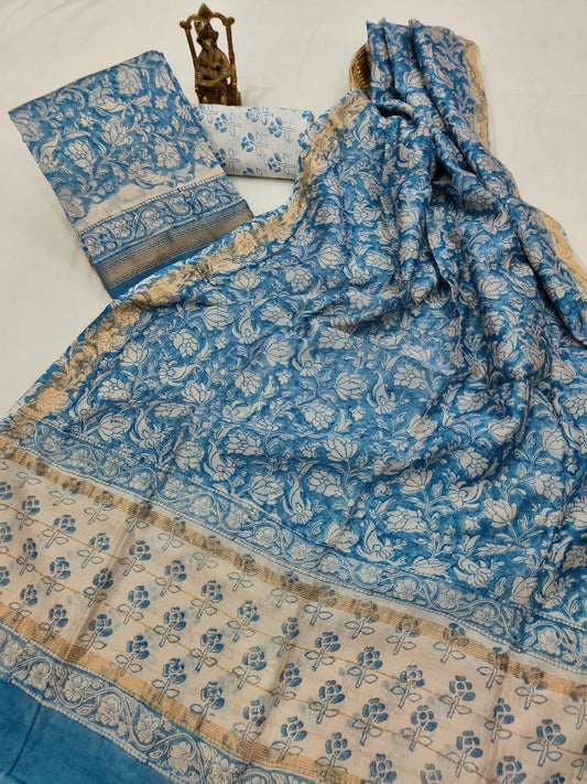 Hand block printed Maheshwari Silk zari border border silk  Suits  Set with Duppatta