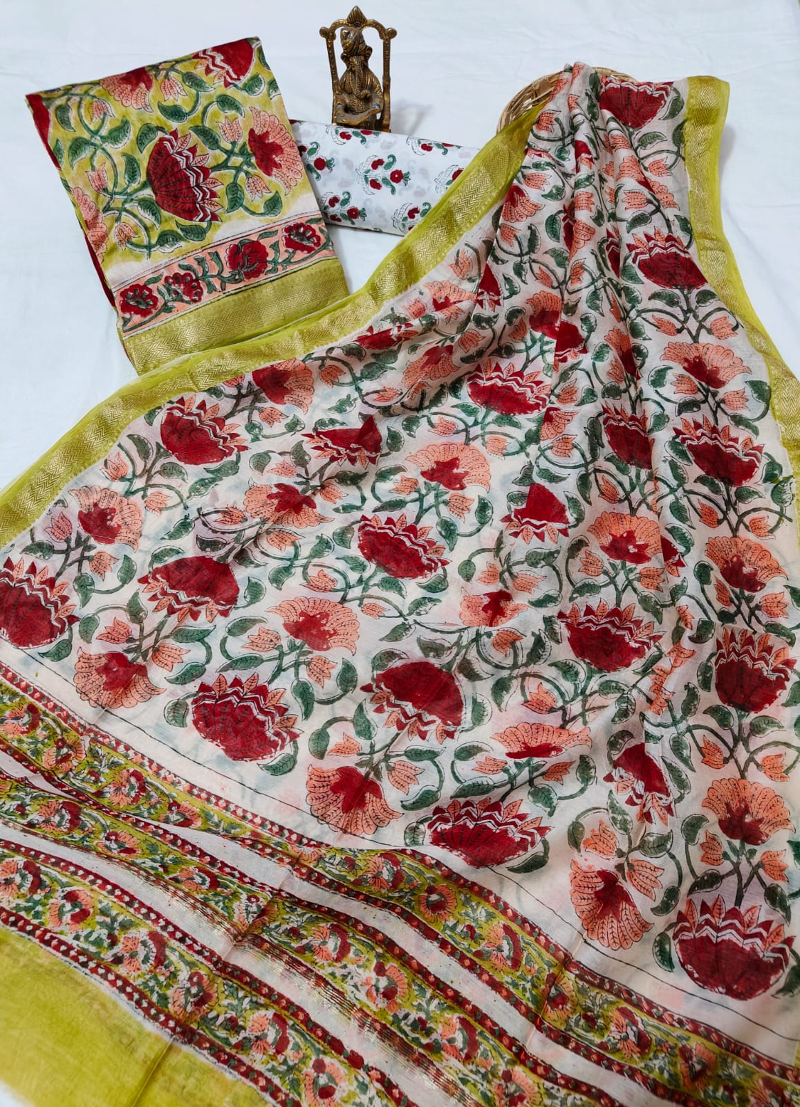 Hand block printed Maheshwari Silk zari border border silk  Suits  Set with Duppatta