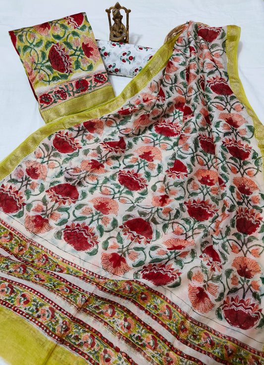 Hand block printed Maheshwari Silk zari border border silk  Suits  Set with Duppatta
