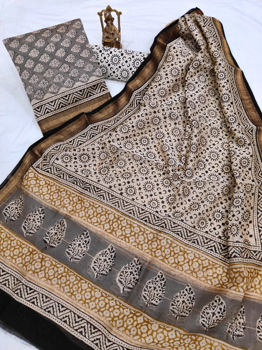 Hand block printed Maheshwari Silk zari border border silk  Suits  Set with Duppatta