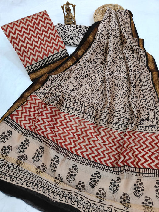 Hand block printed Maheshwari Silk zari border border silk  Suits  Set with Duppatta