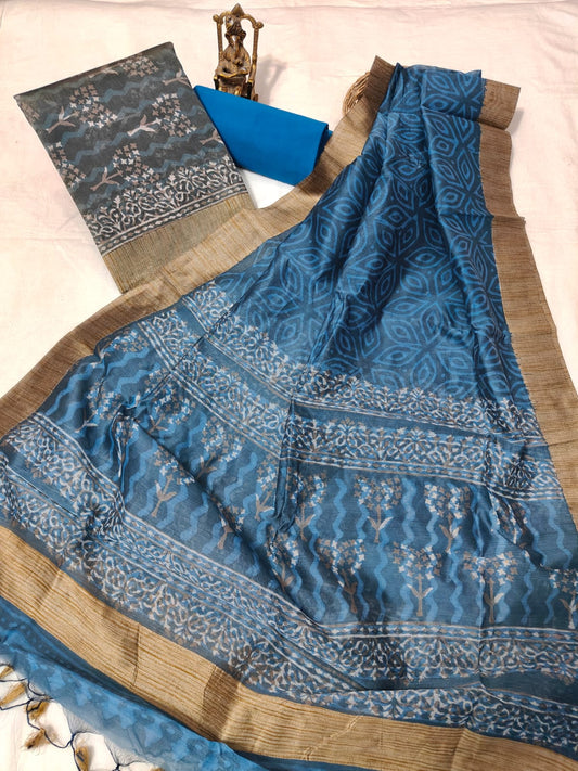 Hand block printed Maheshwari Silk zari border border silk  Suits  Set with Duppatta