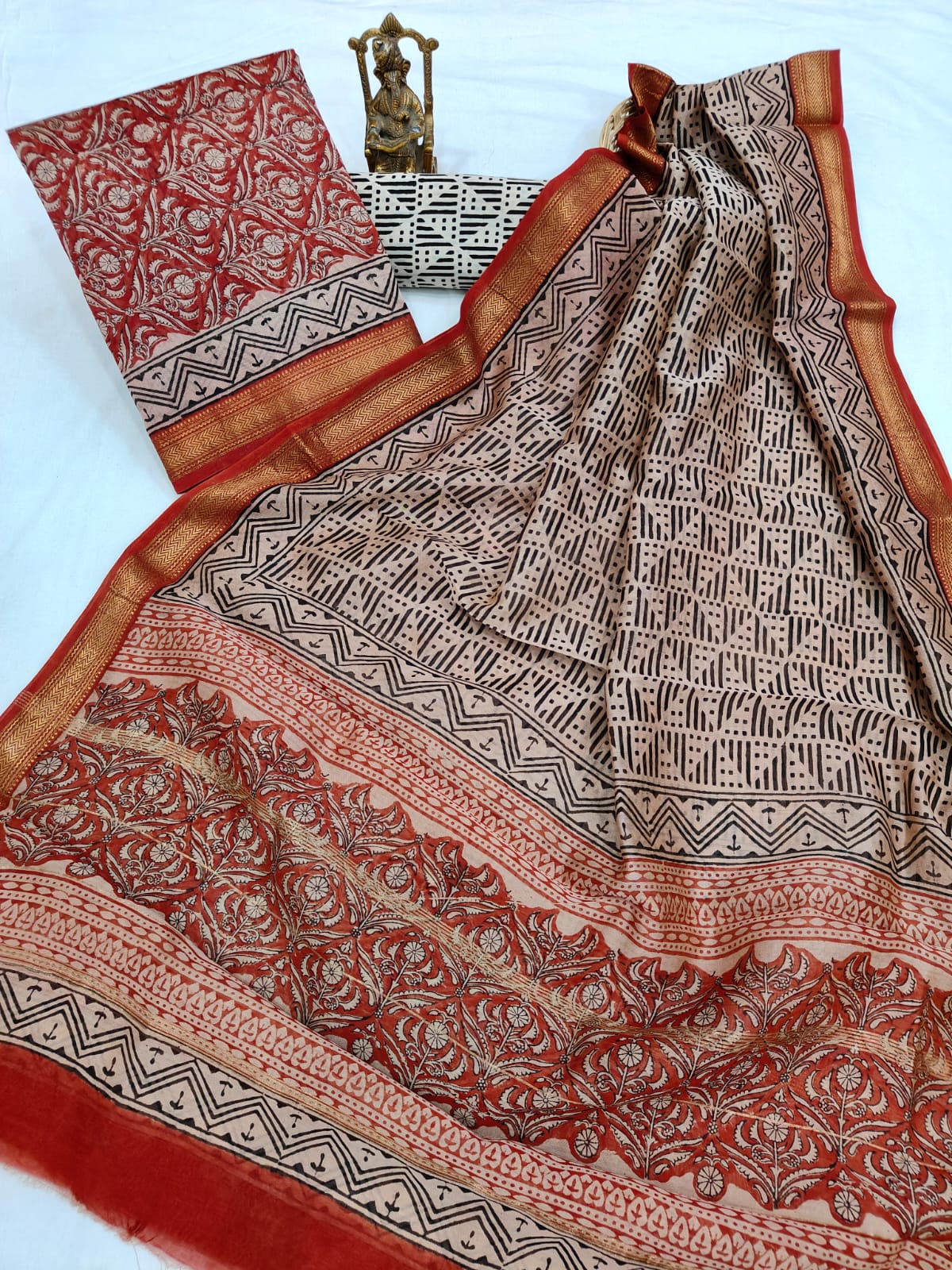 Hand block printed Maheshwari Silk zari border border silk  Suits  Set with Duppatta