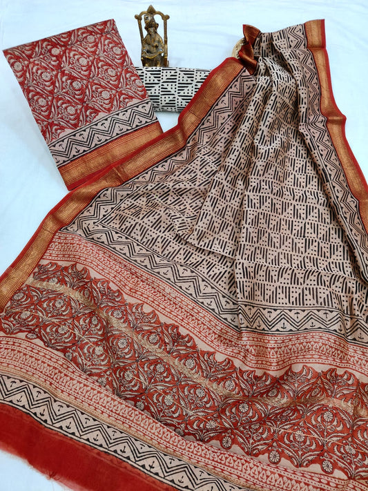 Hand block printed Maheshwari Silk zari border border silk  Suits  Set with Duppatta