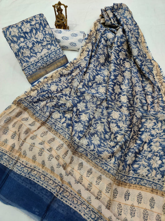 Hand block printed Maheshwari Silk zari border border silk  Suits  Set with Duppatta