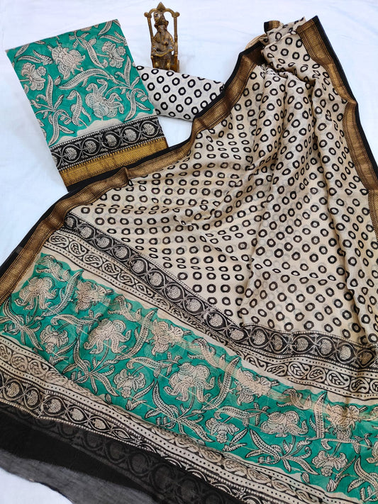 Hand block printed Maheshwari Silk zari border border silk  Suits  Set with Duppatta