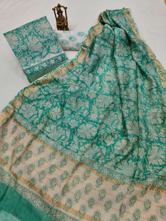 Hand block printed Maheshwari Silk zari border border silk  Suits  Set with Duppatta