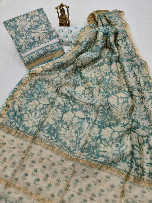 Hand block printed Maheshwari Silk zari border border silk  Suits  Set with Duppatta