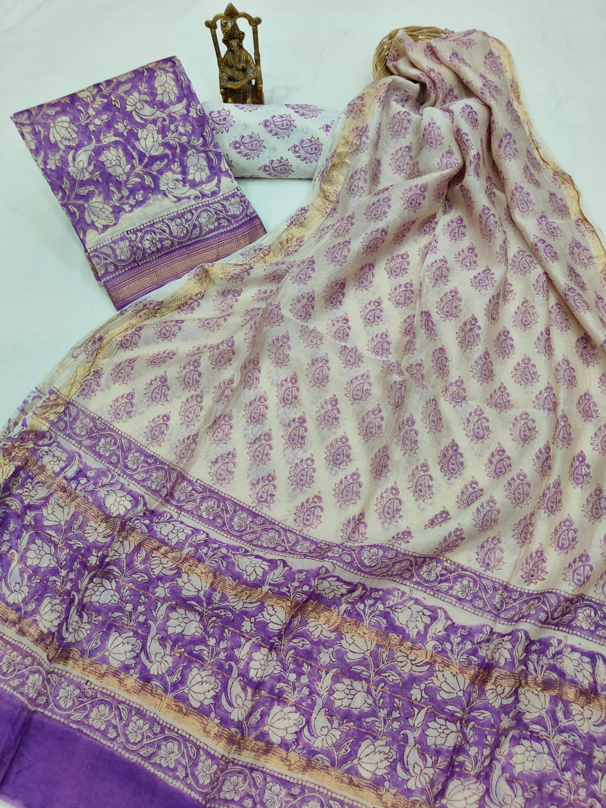 Hand block printed Maheshwari Silk zari border  border silk  Suits  Set with Duppatta