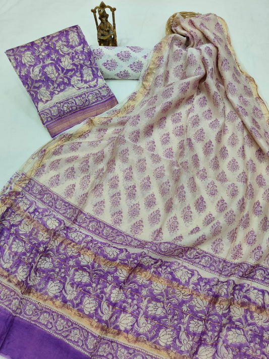 Hand block printed Maheshwari Silk zari border  border silk  Suits  Set with Duppatta