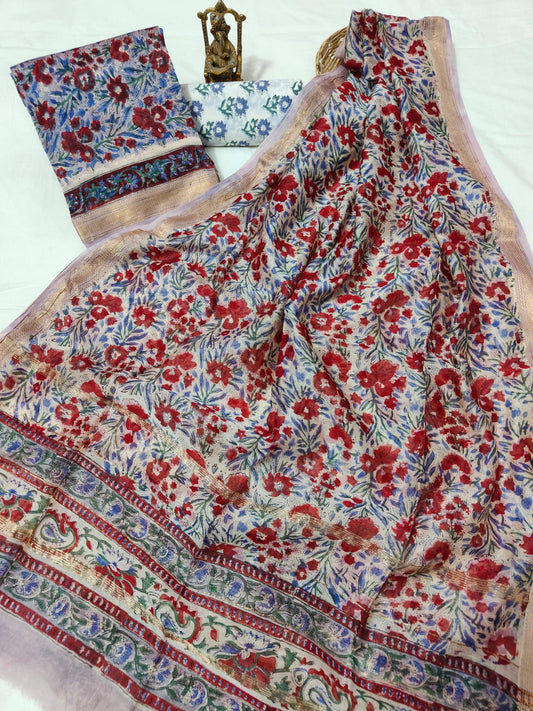 Hand block printed Maheshwari Silk zari border border silk  Suits  Set with Duppatta