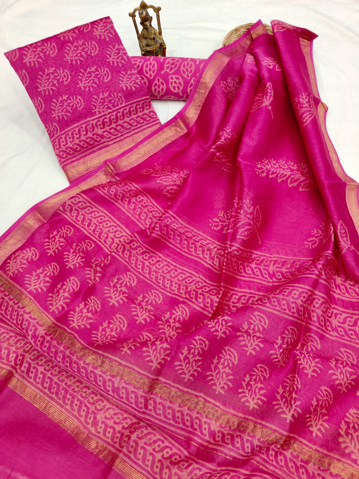 Hand block printed Maheshwari Silk zari border border silk  Suits  Set with Duppatta