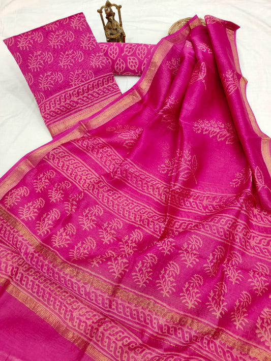 Hand block printed Maheshwari Silk zari border border silk  Suits  Set with Duppatta