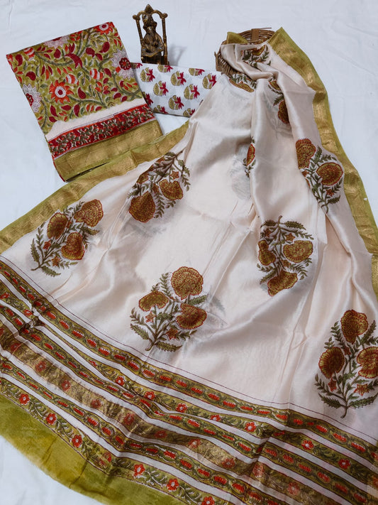 Hand block printed Maheshwari Silk zari border border silk  Suits  Set with Duppatta