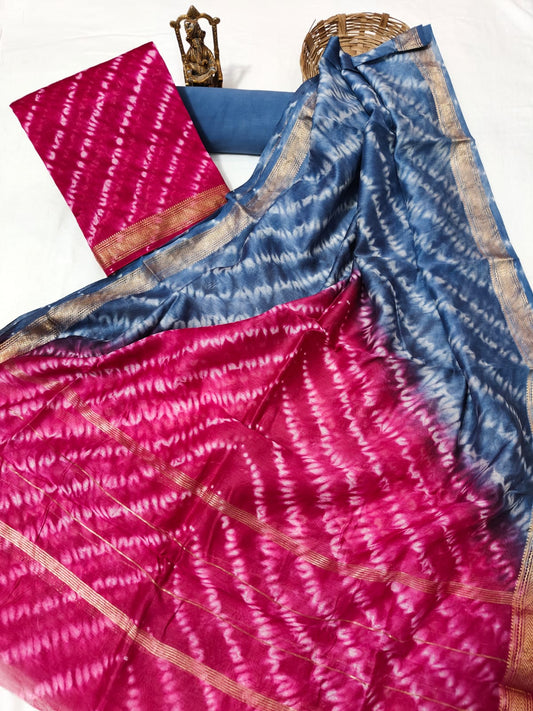 Hand block printed Maheshwari Silk zari border border silk  Suits  Set with Duppatta