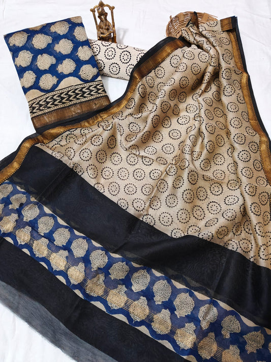 Hand block printed Maheshwari Silk zari border border silk  Suits  Set with Duppatta