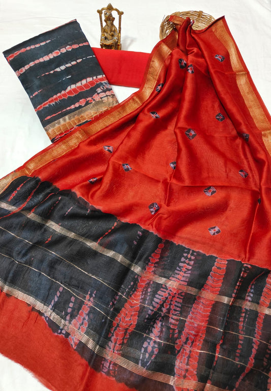 Hand block printed Maheshwari Silk zari border border silk  Suits  Set with Duppatta